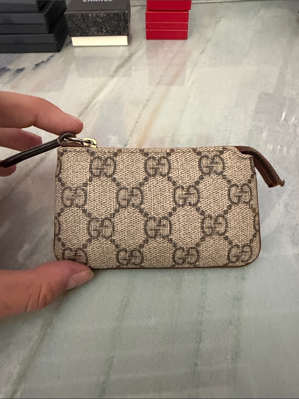 Gucci Beige GG Canvas Zip Wristlet with Brown Trim